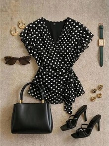 Grovea Plus Size French Style Chiffon Polka Dot V-Neck Tie Front Ruffle Trim Women's Blouse - Black - View 2