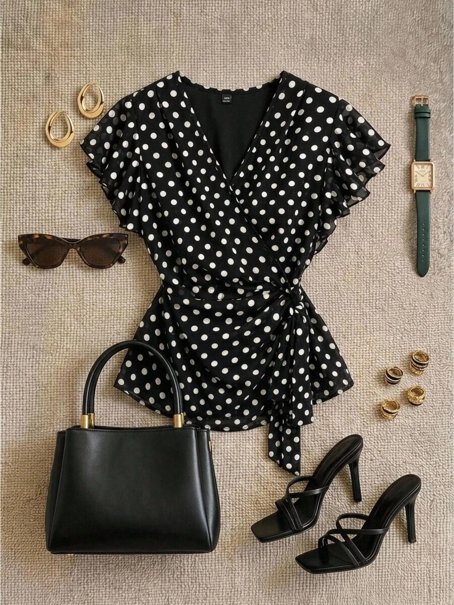 Grovea Plus Size French Style Chiffon Polka Dot V-Neck Tie Front Ruffle Trim Women's Blouse