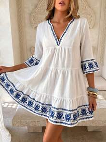 Louniche Vestido corto de mujer de una sola pieza para verano, cuello en V, azul & blanco, vintage bordado, manga acampanada, cintura alta, bajo con volantes en capas, estilo bohemio para vacaciones y playa - Multicolor - Ver 2