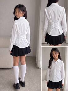 SHEIN 兒童青少年女孩優雅正式純白色長袖襯衫，綁帶收腰上衣，返校季校園正式秋季穿搭 - 白色 - 查看 11