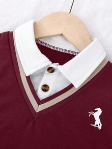 SHEIN Playful Pals 1件男嬰套裝 針織長袖 Polo 2合1衛衣獨特設計上衣 搭配卡其色休閒長褲 秋季返校家庭穿搭 - 酒紅色 - 查看 3
