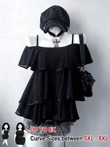 SHEIN CURVE+ 黑色大码女士休闲/工作/度假露肩双层荷叶边下摆衬衫 - 黑色 - 查看 1
