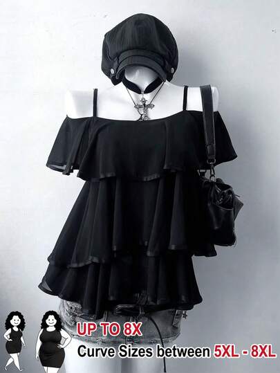 SHEIN CURVE+ Plus Size Women Casual/Work/Holiday Off-Shoulder Double Ruffle Hem Blouse In Black