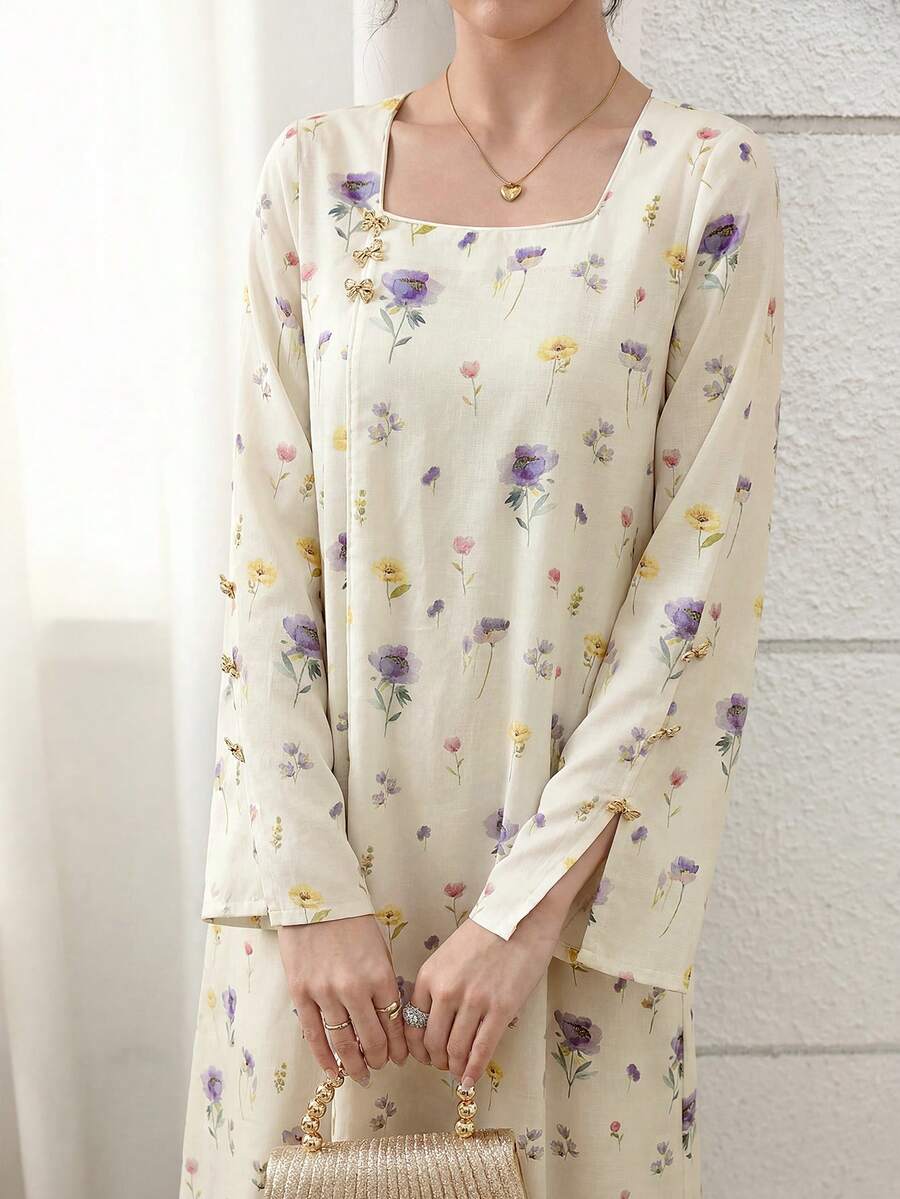 Yasmyna 女款時尚花卉印花白色方領阿拉伯風度假洋裝 - 彩色 - 查看 1