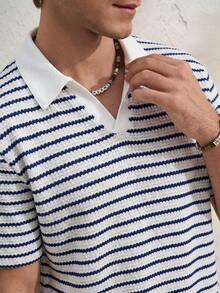 TONEVAULT Men's Casual Vacation Striped Short Sleeve Polo Shirt, Suitable For Spring And Summer - Blue - View 4
