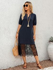 EMERY ROSE Women's Solid Color Notched V-Neck Contrast Lace Hem Loose Long Dress - Black - View 4