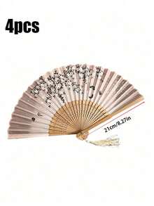 3/4/5pcs Classical Folding Fan, Handmade Bamboo Fan With Sakura Blossom Pattern And Tassel Decor - Elegant Gift For Women, Wedding Favor, Traditional Chinese Costume Accessory, Suitable For Spring/Summer, Wedding Decor And Home Display - Multicolor - View 12