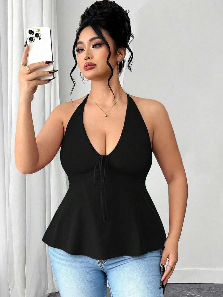 Elenzga Plus Size Women's Spaghetti Strap Camisole,Elegant Black Sommar Casual Everyday Fitted Low Cut Top With Elastic Back Design For Commute,Dates - Black - View 4