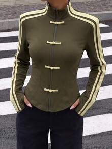Muchica Yellow Autumn New Women's Knit Sporty Style 90s Ribbon Button Design Sun Protection Thin Jacket Everyday Night Theme - Army Green - View 3