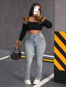 Slaydiva Plus Size Women's Stretch Denim Jeans, American Vintage Distressed Washed Design, Autumn Streetwear Cool Extended Length Skinny Stacked Jeans - Medium Wash - View 4
