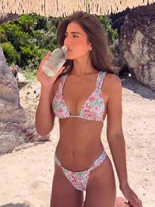 Swim Mod 1pc Women's Red & Green Ditsy Floral Triangle Sexy Beach Vacation Swimsuit Set - Multicolor - View 1