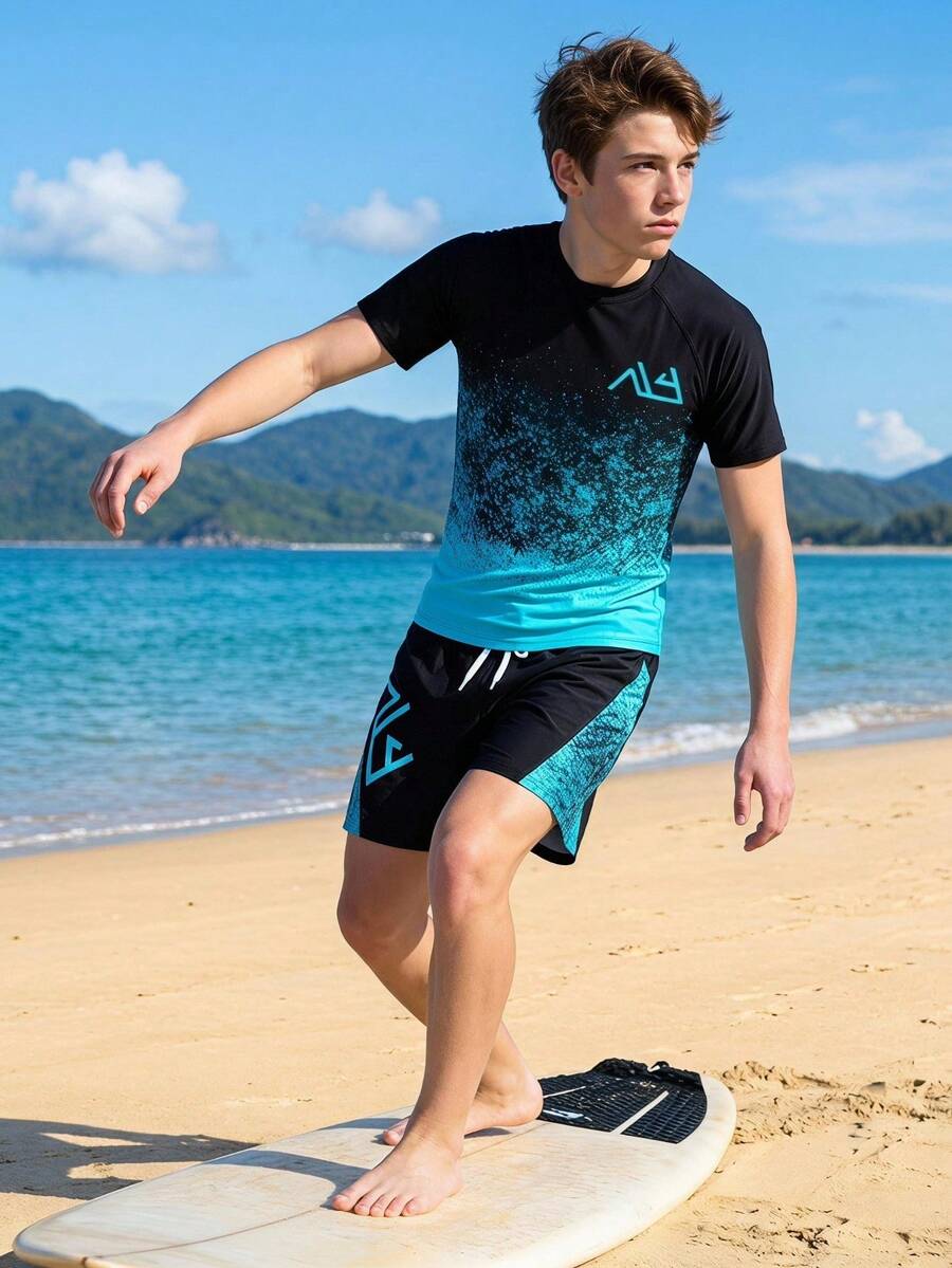SHEIN 男童两件式防晒泳衣,青少年男孩度假短袖防晒泳装套装,13-16岁 - 彩色 - 查看 1