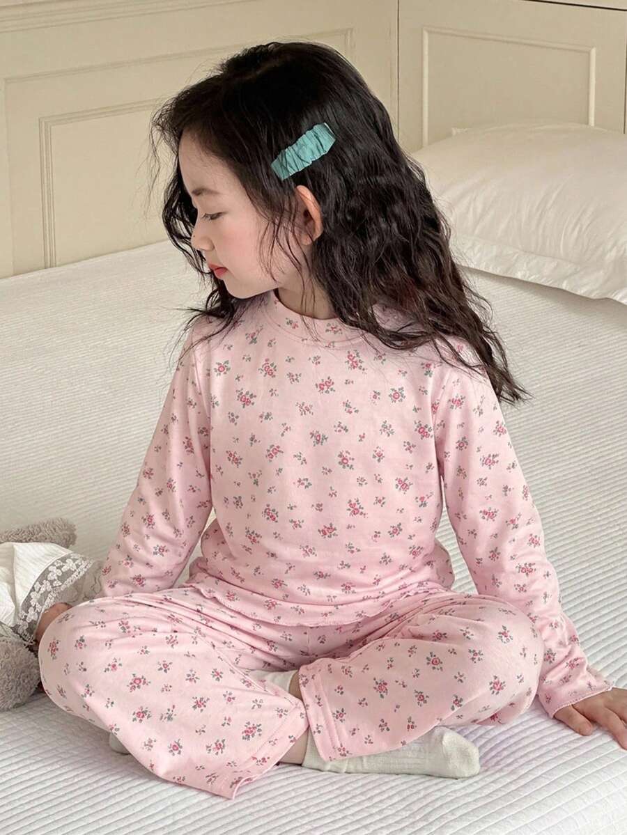 DAZY Ditsy Floral Loose Long Sleeve Casual T-Shirt Top + Straight Leg Pants 2 Pieces Set Loungewear For Young Girls Fall - Pink - View 1