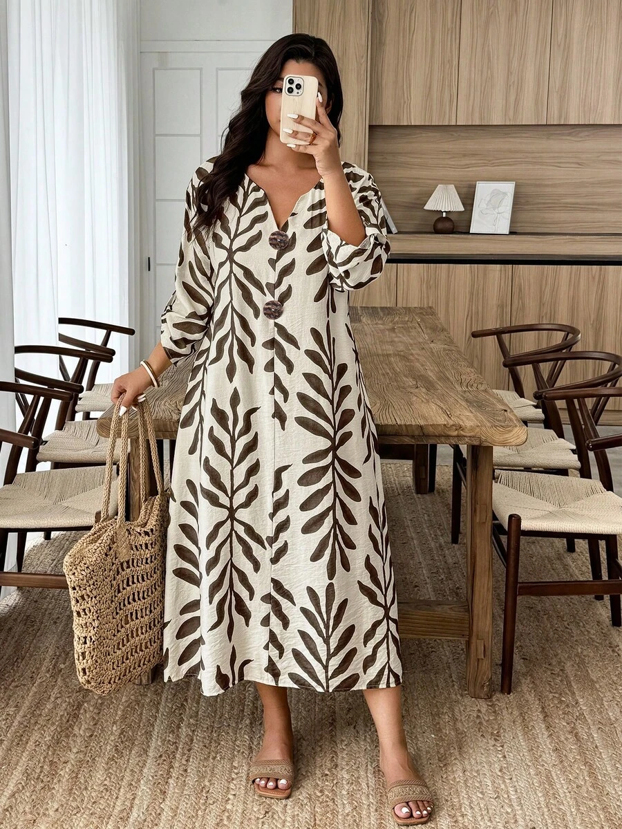 EMERY ROSE Plus Size Women's Linen-Like Texture Floral Print Loose Casual Dress With Faux Wood Button Decor, Autumn/Winter Fall, Work Vacation Beach Home Beige - Multicolor - View 1