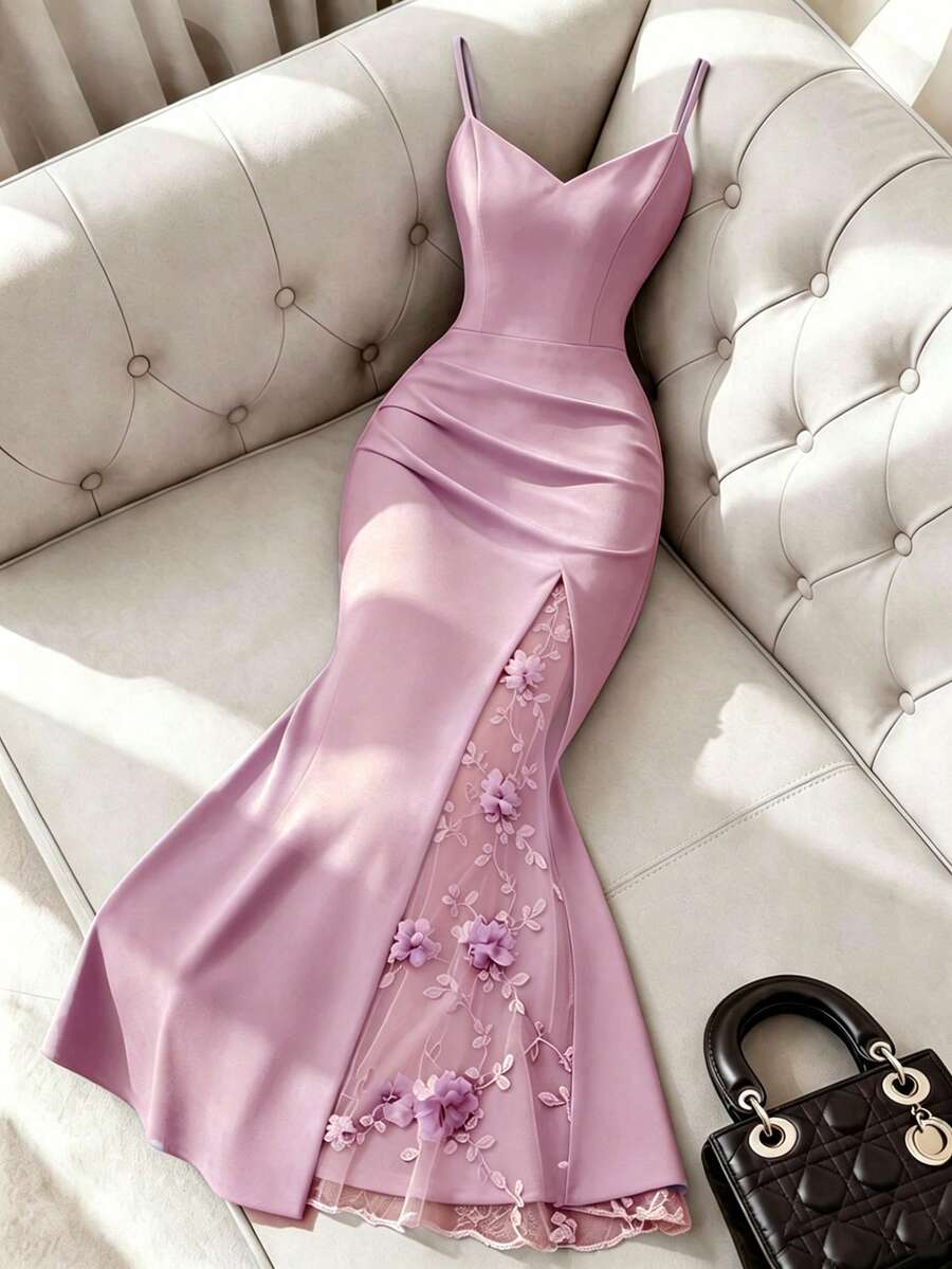 Franclia 优雅时尚女士吊带网纱拼接黄色连衣裙，女士春夏连衣裙，优雅连衣裙，沙滩连衣裙，派对连衣裙，约会连衣裙，百搭连衣裙，通勤连衣裙 - 淡紫色 - 查看 1