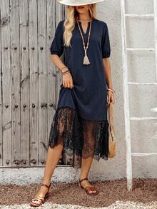 EMERY ROSE Women's Solid Color Notched V-Neck Contrast Lace Hem Loose Long Dress - Black - View 7