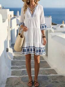 Louniche Vestido corto de mujer de una sola pieza para verano, cuello en V, azul & blanco, vintage bordado, manga acampanada, cintura alta, bajo con volantes en capas, estilo bohemio para vacaciones y playa - Multicolor - Ver 3