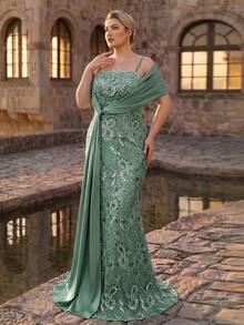 Serin Plus Size Elegant Luxurious Beaded Bubble Diamond Embroidered Lace Applique Patchwork Stretch Knit Mesh Sheer Sleeve Ruched Long Dress Suitable For Wedding Events, Bachelorette Party, Vacation, Ball, Holiday, Bridal Mother Evening Gown (Heavy Workmanship) - Green - View 4