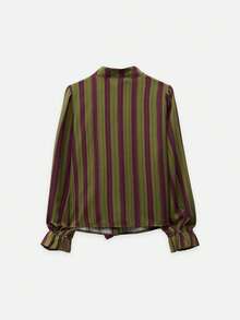 Nöista Olive And Burgundy Striped Blouse With A Tie Neck And Ruffle Trim.  Elegant Blouse Office Wear, Formal Occasions,Day-To-Night,Fall, Autumn, Winter. - Green - View 9