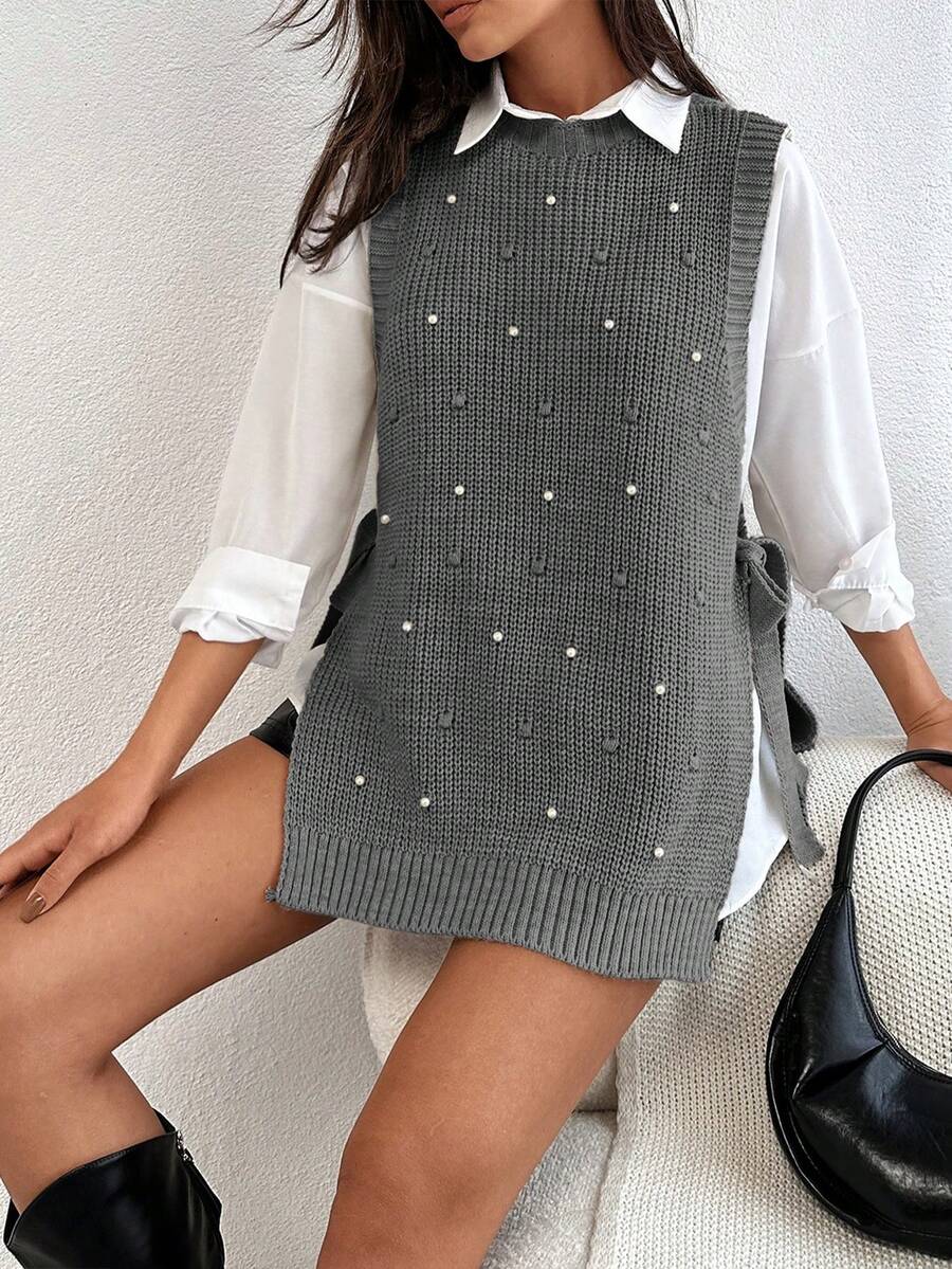 EURMUSE Round Neck Sleeveless Sweater With Pearls - Dark Grey - View 1