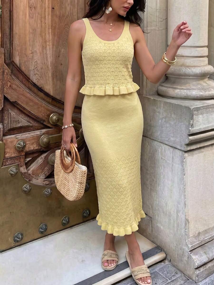 Mulvari Setelan 2 Potong Sweater Tanpa Lengan Berhiaskan Renda Warna Kuning untuk Wanita, Cocok untuk Musim Gugur/Dingin, Kembali ke Sekolah, dan Konser. - Kuning - View 1