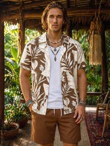 Alderstead Plus Size Men's Tropical Plant Print Short Sleeve Shirt And Shorts Beach Outfit, Holiday - Multicolor - View 3
