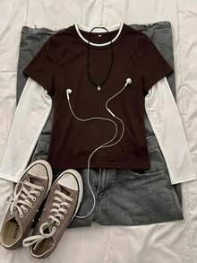 Attitoon Camiseta 2 en 1 con bloques de color y patchwork para mujer - Café integral - Ver 3