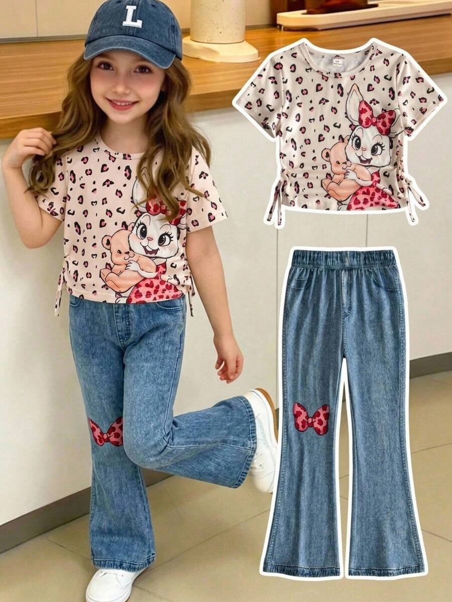 SHEIN 2pcs/Set Young Girl Leopard Print Cartoon Short Sleeve T-Shirt And Fake Denim Print Flare Pant, Back To School Outfit - Multicolor - View 1