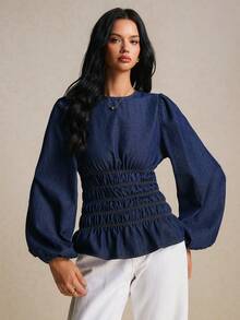 Poéselle Women's Round Neck Lantern Sleeve Ruched Waist Fashion Denim Top - Dark Wash - View 1