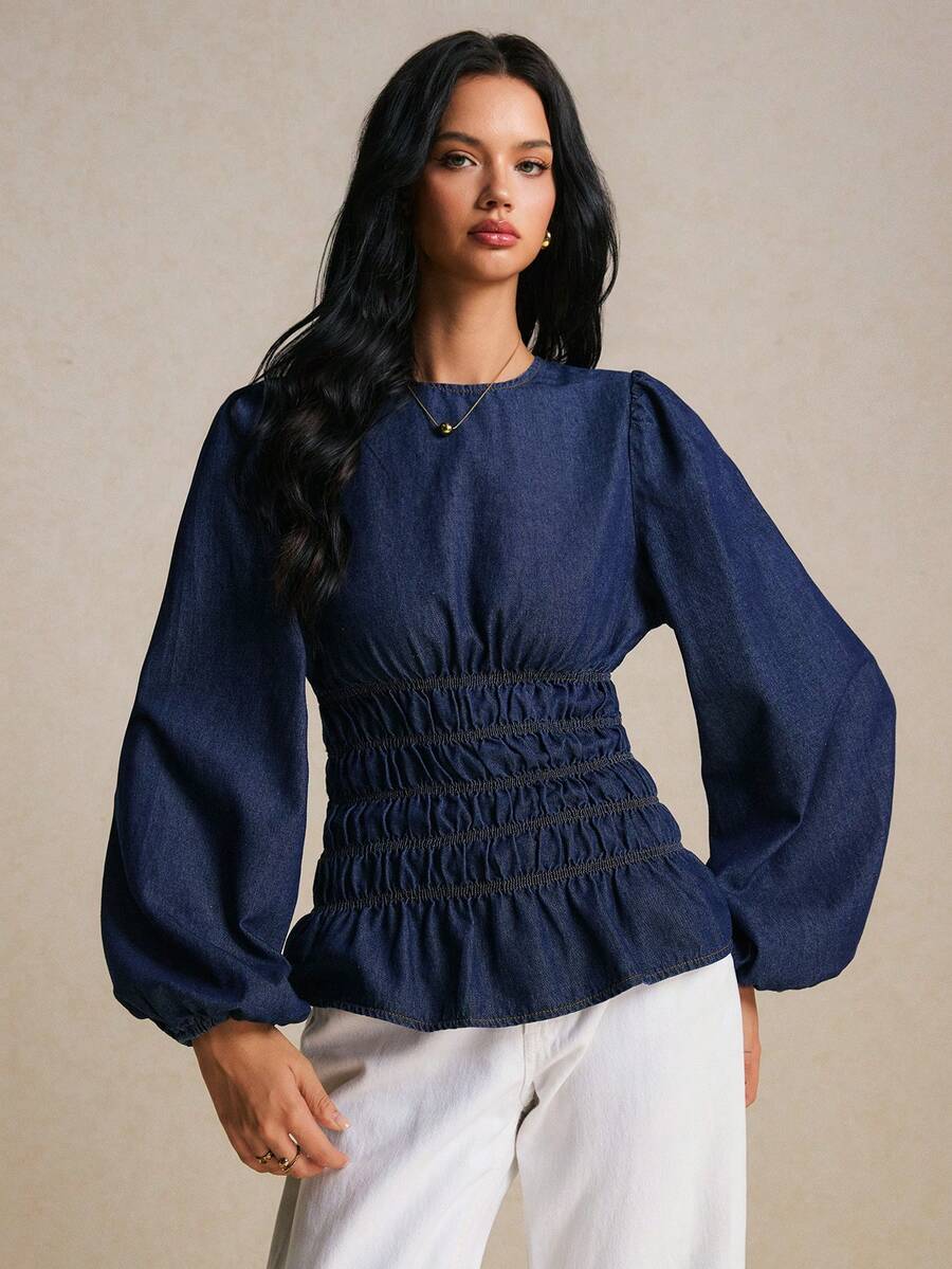 Poéselle Women's Round Neck Lantern Sleeve Ruched Waist Fashion Denim Top - Dark Wash - View 1