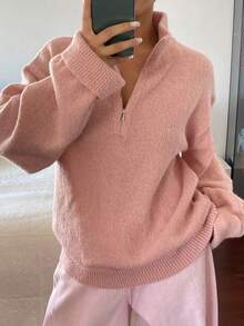 DAZY Sweater Rajut Wanita Warna Polos Longgar Kerah Tinggi Resleting Lengan Panjang Kasual untuk Liburan Musim Semi dan Gugur - Berwarna merah muda - View 4