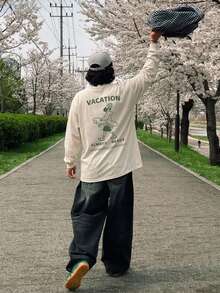 DAZY 男士夏季字母印花休閒長袖T恤，適合日常穿著 - 米色 - 查看 8