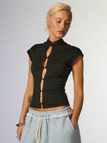 COUREZ Cap Sleeve Cut Out Jersey Top, Y2K Autumn Going Out Black Top - Black - View 4