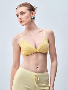 Softvol 1pc Women's Sexy Shiny Lace Wireless Comfortable Triangle Cup Backless Bra - Yellow - View 5