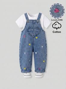 SHEIN 女嬰彩色愛心刺繡圖案藍色牛仔寬鬆吊帶褲錐形長褲 - 中等水洗藍 - 查看 4