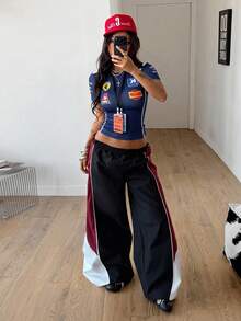 Coolane 夏季女款街頭風外出休閒圖案時尚遊戲日圓領修身短版深藍色T恤，夏季女款，夏季上衣 - 藏蓝色 - 查看 6