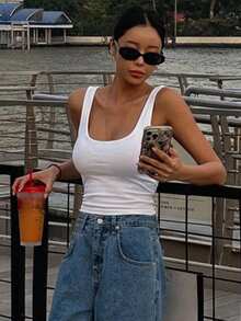 DAZY Women's Solid Color Square Neck Fitted Casual Versatile Tank Top - White - View 7