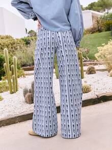 Nöista Wide-Leg Pants In A Fishes And Stripes Printed Fabric With A Mid-Rise Waistband, Button Closure, Front Pockets. Spring, Summer, Music Festival. - Baby Blue - View 4