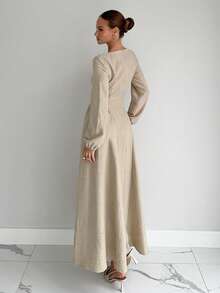 Siren Gaze Women's Elegant Beige Boat Neck Lantern Sleeve Pleated Maxi Dress,Autumn Long Sleeve Modest Fitted Waist Dress For Dinner Date,Business Casual Office - Apricot - View 2