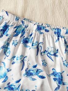 SHEIN 可爱海龟缎面领短袖短裤睡衣套装 - 藍白色 - 查看 5