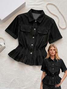 SHEIN MOD Atasan Denim Kasual Harian Wanita Ukuran Plus dengan Kancing Tunggal - Hitam - View 7