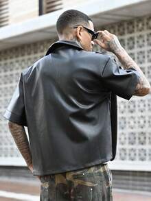 Devon Thys 男士嘻哈风PU宽松短袖拉链衬衫 男士短款衬衫 男士方正衬衫 男士皮衬衫 黑色拉链衬衫 - 黑色 - 查看 2