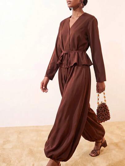 Zivah Early Autumn New Arrival Casual Everyday Streetwear Basic Versatile Vacation Elegant Party Holiday Outfit Country Style Commuter Airport Party Festival Office Wear V-Neck Tie Wrap Long Sleeve Top And Long Pants With Pockets Elastic Waist Tapered Leg Pants Set Brown Suit Set
