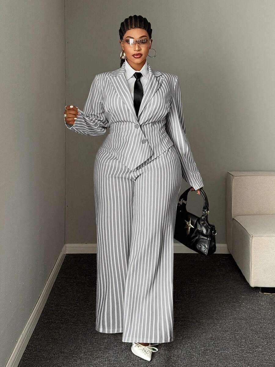 Mawevolt Plus Size Striped Vintage Casual Commute Interview Waist-Cinching Long Sleeve Blazer High Waist Wide Leg Pants Suit Set - Light Grey - View 1