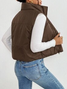 SHEIN Frenchy 女款純色拉鍊休閒日常冬季加厚棉墊背心 - 咖啡棕 - 查看 2