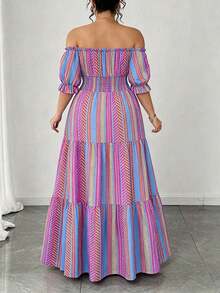 SHEIN Elenzya Gaun Midi Pantai Elegan Berlapis Model A-Line Bergaris Warna-warni untuk Liburan Musim Panas Wanita Ukuran Plus - MultiWarna - View 2
