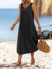 SHEIN LUNE Women's Solid Color Round Buckle V-Neck Sleeveless Midi Dress - Black - View 3