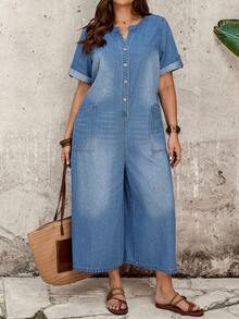 EMERY ROSE EMERY ROSE Plus Size Women's Button Half-Front Short Sleeve Wide Leg Denim Jumpsuit - Light Wash - View 4