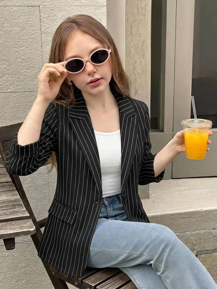 SHEIN 兒童青少年女孩優雅休閒條紋秋季外套,黑白條紋長袖西裝外套,適合日常穿著,返校季 - 黑色 - 查看 1