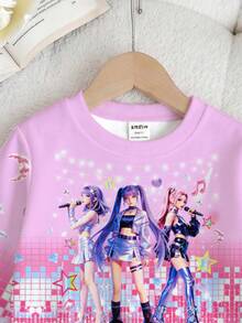 SHEIN 抓絨內裡 女孩團體卡通女孩多巴胺彩色漸層 星空漸層 K-Pop 超級巨星 Chill Chill 少女休閒圓領長袖衛衣與內搭褲 2件套，適合秋冬街頭復古風，兒童秋季疊穿，Y2K - 彩色 - 查看 10
